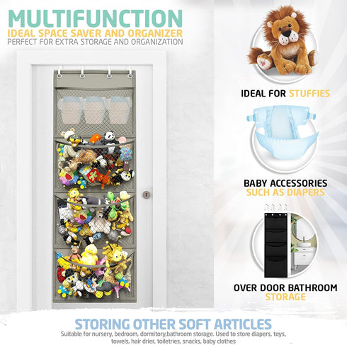 Honeyera Storage for Stuffed Animals, Over Door Organizer for Baby Accessories and Toy Plush Storage (Gray)