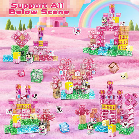 100 Sets, 3 4 5 6 7 8-12 Magnetic Blocks - PCS Transparent Magnetic Building Block for Kids, Pink Princess Castle