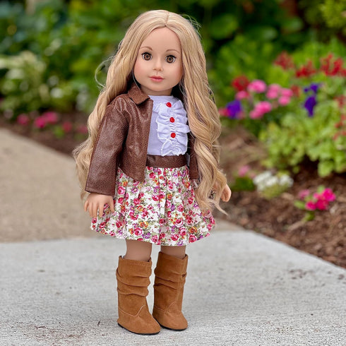 DreamWorld Collections Urban Explorer Clothes - Fits 18 Inch Doll, Brown Motorcycle Jacket, Dress & Boots
