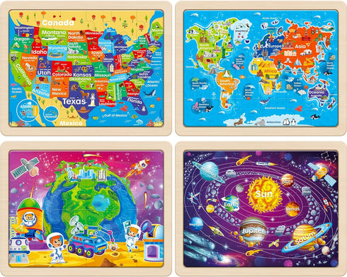 SYNARRY Large US World Earth Solar System Wooden Puzzles for Kids Gift Box(12.2*9.4 in) - FSC Certified, Puzzles for Toddlers 2-4, Puzzles for Kids Ages 4-6, Map Toys Gifts for 3 4 5 Year Old Boy Girl