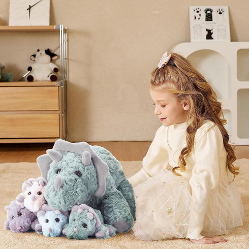 EARTHSOUND Triceratops Dinosaur Stuffed Animal - 18" Cute Small Mommy Plush Toy with Little Babies