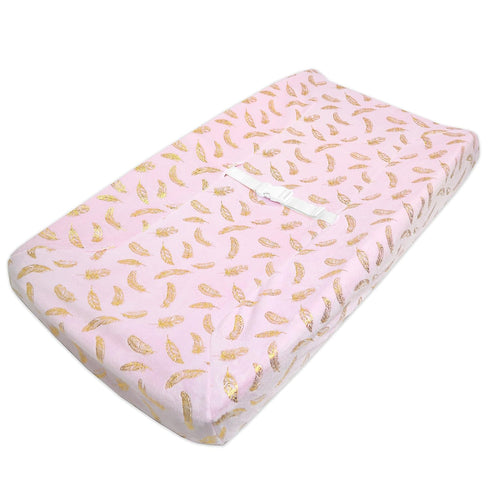 American Baby Company Heavenly Soft Chenille Fitted Contoured Changing Pad Cover, Sparkle Gold Feather on Pink