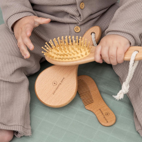 Set Natural Baby Hair Brush with Boho Bag - Goat Hair Cradle Cap Brush, Toddler Brush and Comb - Scalp Grooming Baby