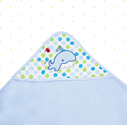 3 Spasilk Baby Bath Hooded Terry Towel with Washcloths, Baby Bath Essentials, One Size, Blue Whale