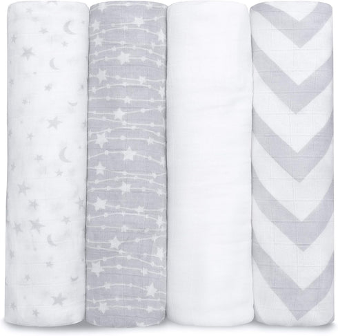 Comfy Cubs Muslin Swaddle Blankets Pack of 4, 47 x 47 Inches,