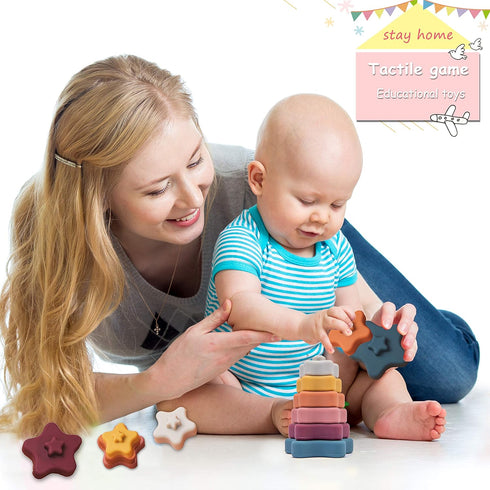 Promise Babe Silicone Stacking Rings Toy - Star Shape Soft Stacker Blocks for Baby Toddler Development Sensory