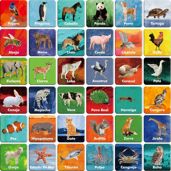 Hebayy 36 Pairs Animal Matching Game - 72PCS Spanish Flashcards, Educational Learning Toys for Preschool 4-6 Years