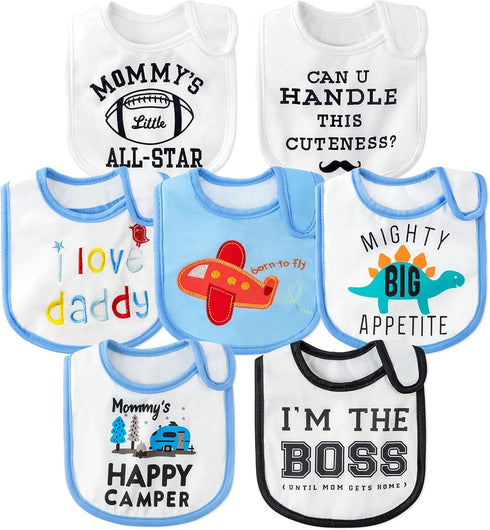 7Pcs Cotton Waterproof Baby Bibs with Hook Loop Closure, Keepsake Gift for Newborns
