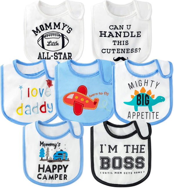 7Pcs Cotton Waterproof Baby Bibs with Hook Loop Closure, Keepsake Gift for Newborns