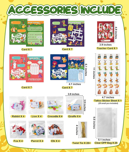 Valentines Day Gifts for Kids Classroom-28 Packs Animal Building Blocks with Kids Valentines Day Cards for School & Stickers, Class Valentines Gifts Boxes for Kids Boys Girls Party Favors Exchange