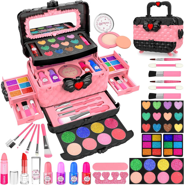 54 Pcs Kids Makeup Kit for Girls - Real Washable Pretend Play Cosmetic Set with Mirror, Safe Birthday Gift (Pink)