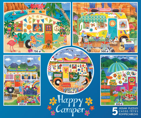Ceaco 5 in 1 Multipack Happy Camper, (2) 300 Piece, (2) 500 Piece, (1) 750 Piece Jigsaw Puzzles