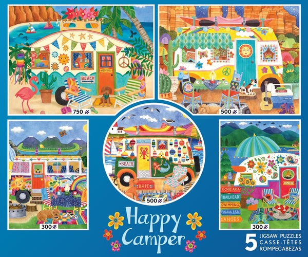 Ceaco 5 in 1 Multipack Happy Camper, (2) 300 Piece, (2) 500 Piece, (1) 750 Piece Jigsaw Puzzles