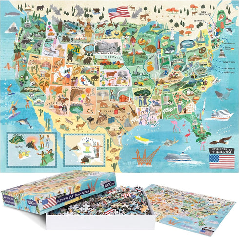 Puzzles for Adults 1000 Pieces - Illustrated US Map Puzzle, 100% Recycled Cardboard USA Jigsaw by bopster