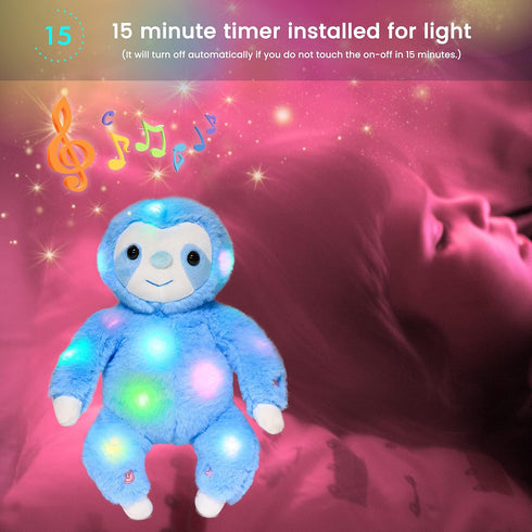 12.5'' Hopearl LED Musical Plush Sloth Light up Stuffed Animal Three Toed Sloth Floppy Night Lights Glow in The Dark