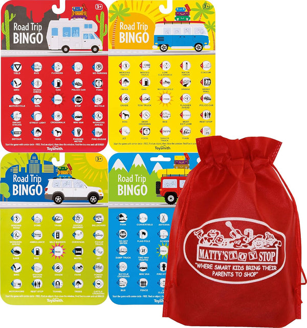 Toysmith Road Trip Bingo Cards Gift Set, Red, Blue, Green & Orange - 4 Pack with Bonus Storage Bag