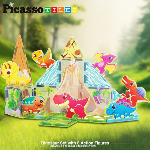 PicassoTiles Magnet Tile Building Blocks Dinosaur World Themed Playset, 8 Animal Character Action Figures for Kids 3+