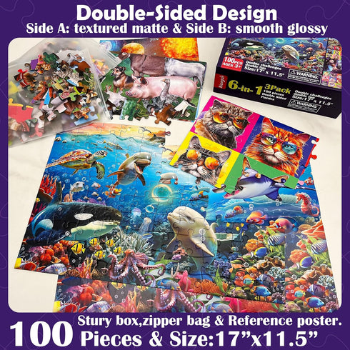 Biorgur 4-6 6-8,3 Pack 100 8-10 (6-in-1),Learning Girls,17 11.5 Puzzles for Kids Ages and Pieces Double Sided Jigsaw