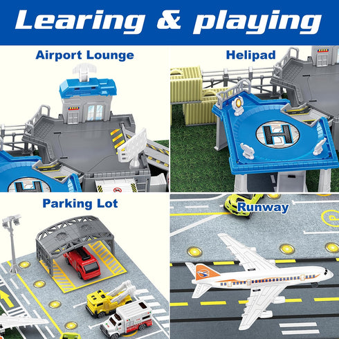 Set XDUOYJOY Airplane Toy with Trucks, Helicopter, Planes and Playmat, Airport Aviation Toys for Boys Girls, Great Gift