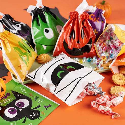 JOYIN 108 PCS Halloween Drawstring Treat Bags with 9 Character Designs, Mini Goodie Candy Bags for Kids Trick or
