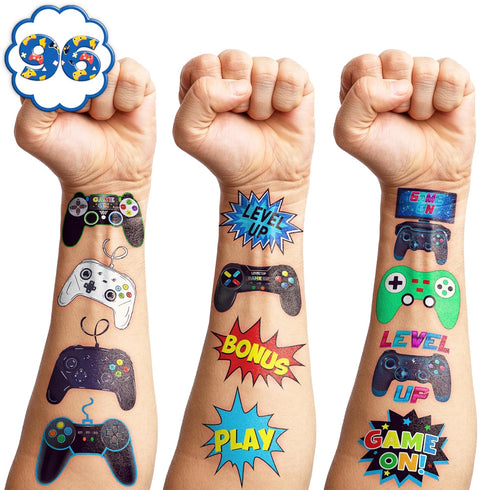 Gamer Temporary Tattoos, 96 PCS Cute Stickers for Birthday Party Decorations and Classroom Rewards
