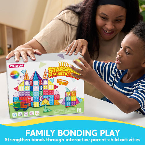 SYNCFUN Magnetic Tiles 110pcs, 3D Magnet Building Tiles with Vehicle, Construction Blocks Set for Kids, STEM