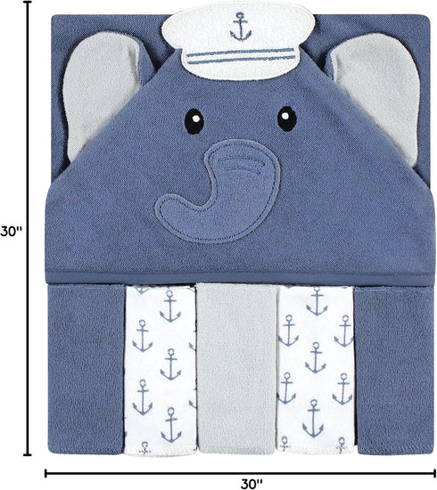 Set Hudson Baby Unisex Hooded Towel with Washcloths - Sailor Elephant Design