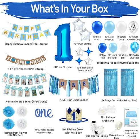 1st Package PartyHooman Boy Birthday Decors: With Photo Banner, Backdrop, Crown, High Chair Banner & Supplies