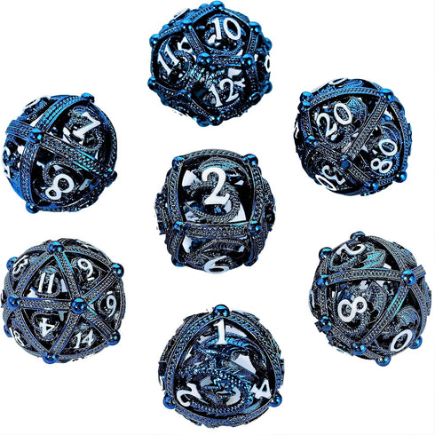 Unique Round Hollow Orb Metal DND Dice Set for Role Playing Games (RPG) - Stunning Blue Dragon Dice