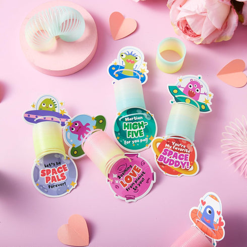 28 Packs JOYIN Valentines Day UFO Alien Cards with Colored Springs, Stress Relief Fidget Coil Springs Toys
