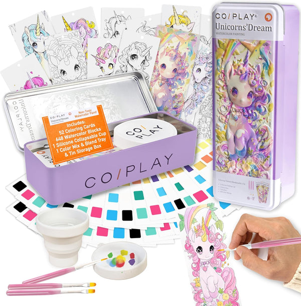 COIPLAY Unicorn 648 Color Blocks Watercolor Paint Set, 52-Bookmarks, 3 Brushes, Silicone