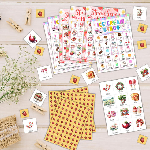 FTRZX Famliy Summer 24 04 Strawberry Bingo Cards, Food Daisy Party Bingo Cards for Adults, Bingo Games for Birthday