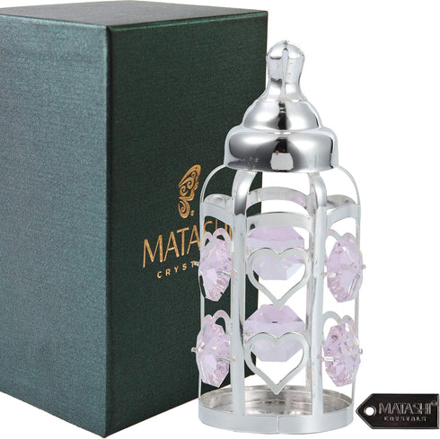 Matahi Silver Plated Crystal Studded Baby Bottle Ornament with Light Pink Crystals - Great Gift for Baby Shower, New
