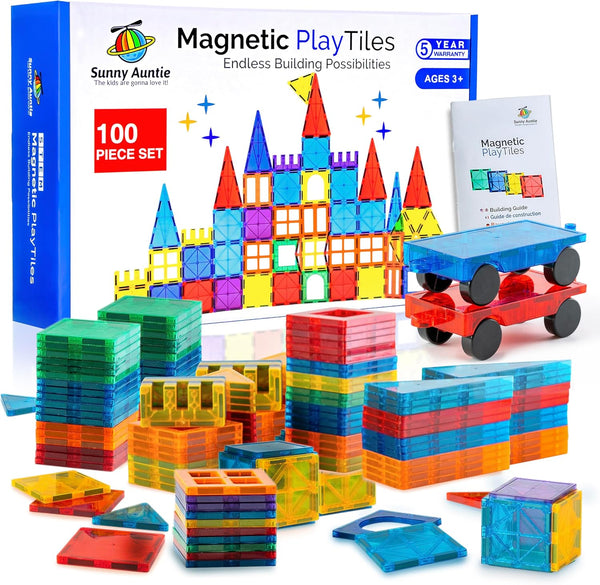 SUNNY AUNTIE Magnetic Tiles 100 PCS with 2 Cars Magnetic Building Tiles