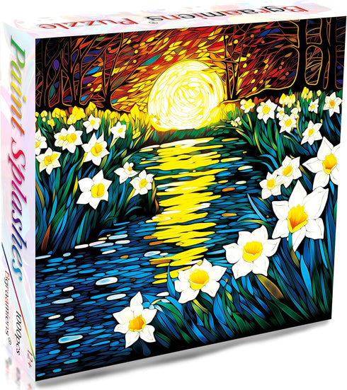 Bgraamiens Puzzle-Moonlight Daffodils-1000 Pieces Square Stained Glass Art Puzzle Daffodils in Moonlight Color Challenging Beautiful Jigsaw Puzzles for Adults and Kids(Moonlight Daffodils)