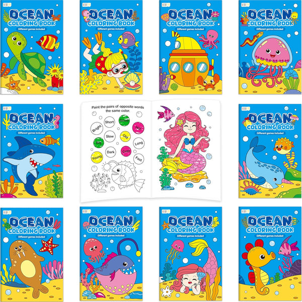 10 Pack Coloring Books for Kids, Ocean Theme Coloring Page with Games,