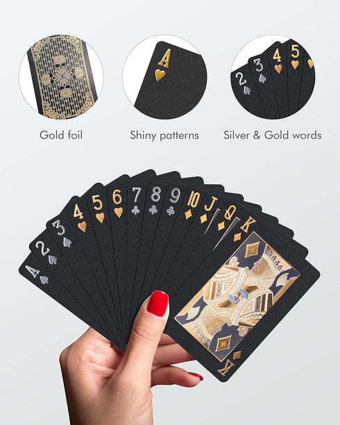 Diamond Waterproof Black Playing Cards, Poker Cards, HD, Deck of Cards (Gold Skull)
