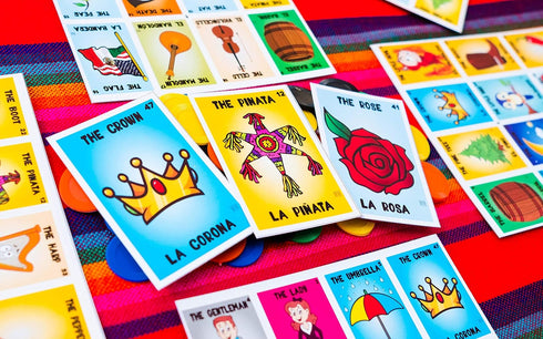 Mexican Bingo Game Kit - Bilingual for 10 Players with 1 Deck of Cards, Boards, and 140 Bingo Chips for Family Learning