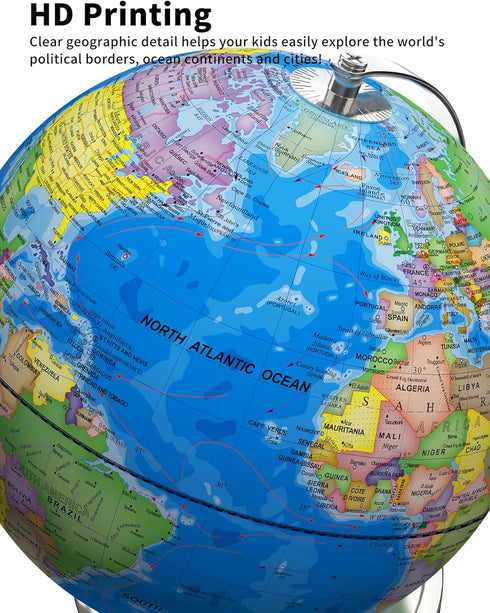 9" Illuminated World Globe with Stand - Educational Globe for Kids Learning, Colorful HD World Map Details