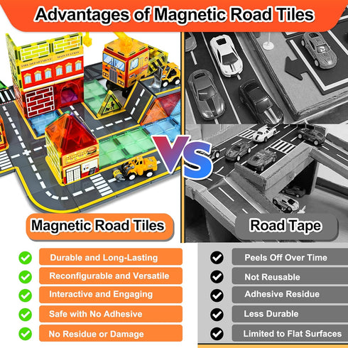 52pcs Magnetic Tiles Road Set - Fire Truck and Magnetic Crane, Creative Construction Toys for Ages 3-12