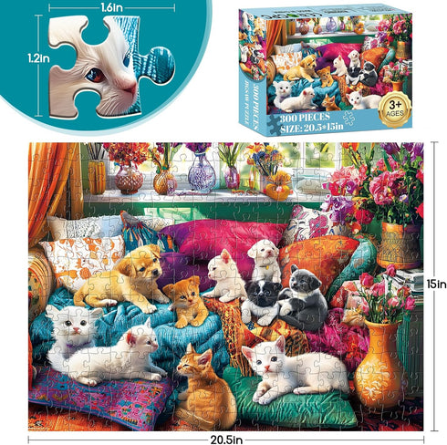 VoYouTwo 300 8-10 10-12,Funny Nights,20.5x15 Piece Puzzles for Adults, Dogs Kittens on The Sofa at Play Puzzle