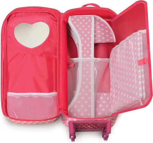 Badger Basket 3-in-1 Doll Trolley Travel Carrier with Rocking Bed and Bedding for 18 inch Dolls - Pink/Polka Dot