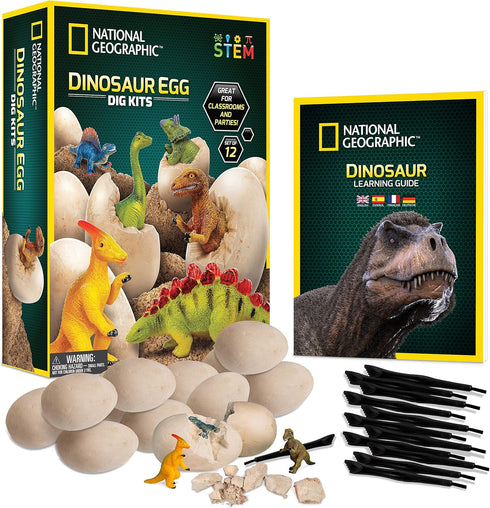 NATIONAL GEOGRAPHIC Dinosaur Dig Kit - 12 Dino Shaped Dig Bricks with Figures & Excavation Tool Sets, STEM Toy