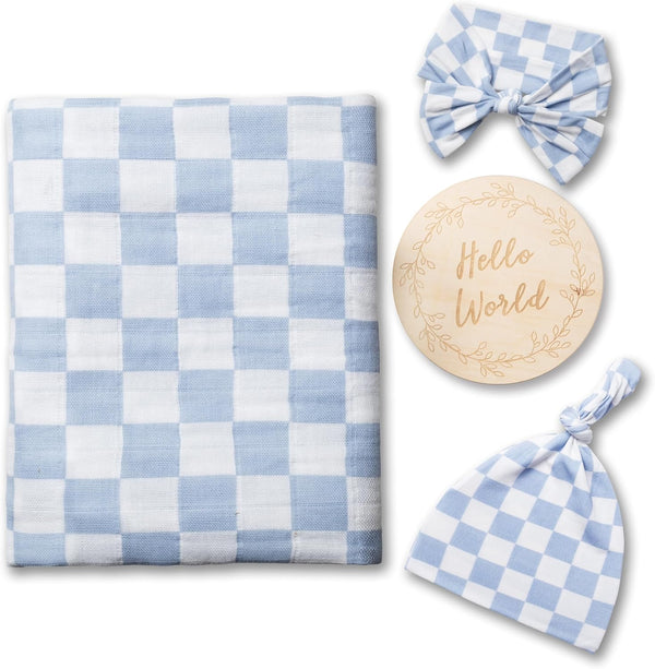 Miaoberry Checkered Muslin Swaddle Set, 100% Organic Cotton, Mist Blue,Checkerboard, Gender-Neutral, with