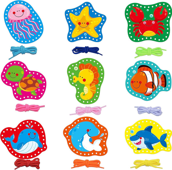 9 Pieces Kids Lacing Cards, Double Sided Sewing Cards with 9 Marine Animal Cards and Colorful Laces for Educational