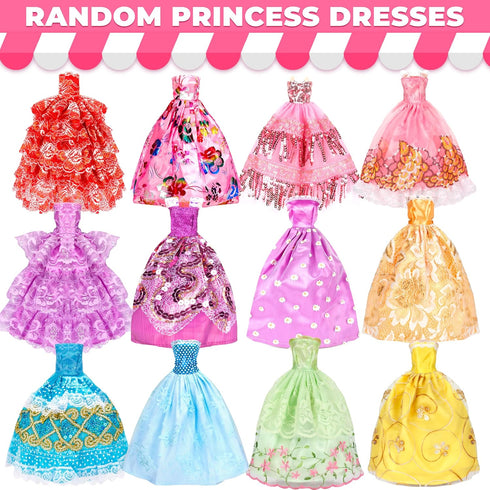 46 Pcs Doll Clothes and Accessories Kit, Including 2 Princess Gowns 4 Fashion Dresses 2 Tops 2 Pants 2 Bikini Swimsuits 10 Shoes 10 hangers 15 Jewelry Accessories for 11"-12" Dolls