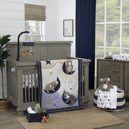 NoJo Goodnight Sleep Tight Fitted Crib Sheet, 100% Cotton, Light Blue, Navy, White, Tan