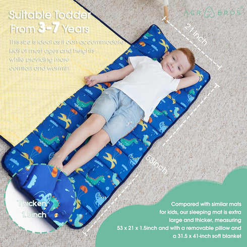ACRABROS Toddler Nap Mat with Pillow and Blanket, Extra Large Dinosaur Napping Mats for Kids Daycare & Travel