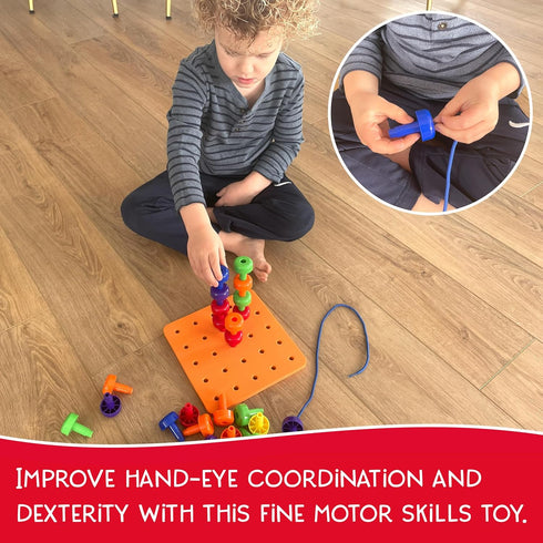 36 Foam Peg Board Toy - Pegs, Foam Board, Lacing String, Storage Bag - Occupational Therapy Toys - Fine Motor Skills