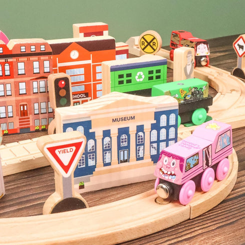 20 Set Community Pc Wooden City Play - Wooden Town Buildings and Street Signs for Play Mats, Toy Cars and Trains